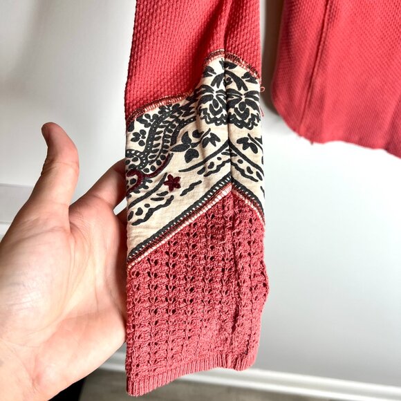 Free People We the Free Knit Henley Bandana Cuff Sleeve Top Thermal Waffle Knit - Picture 4 of 7